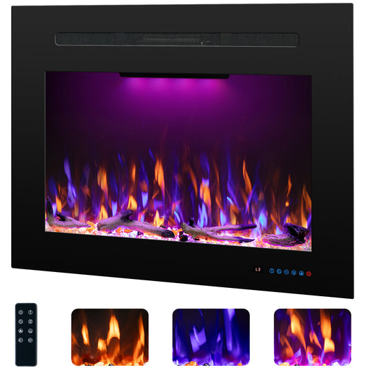Electric Fireplace Inserts with 3 Flame & Top Light, Thermostat, 750/1500W, Crackling Sound, Logs & Crystals, Timer