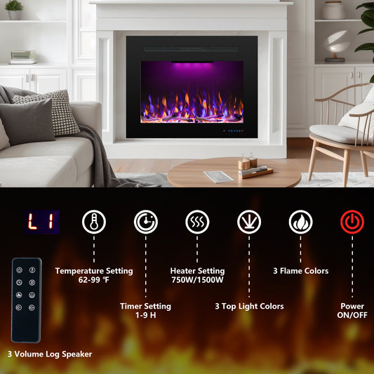 Electric Fireplace Inserts with 3 Flame & Top Light, Thermostat, 750/1500W, Crackling Sound, Logs & Crystals, Timer