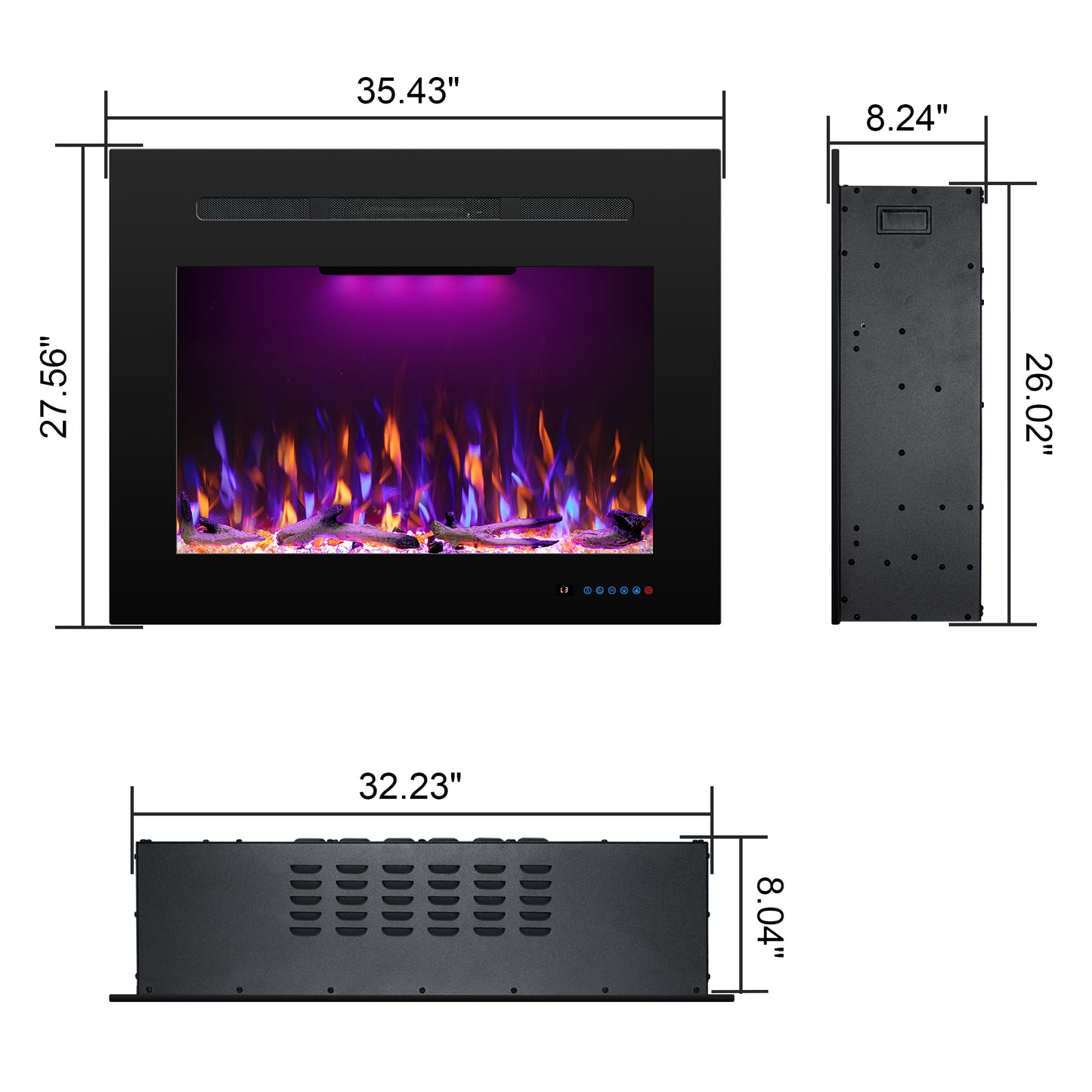 Electric Fireplace Inserts with 3 Flame & Top Light, Thermostat, 750/1500W, Crackling Sound, Logs & Crystals, Timer