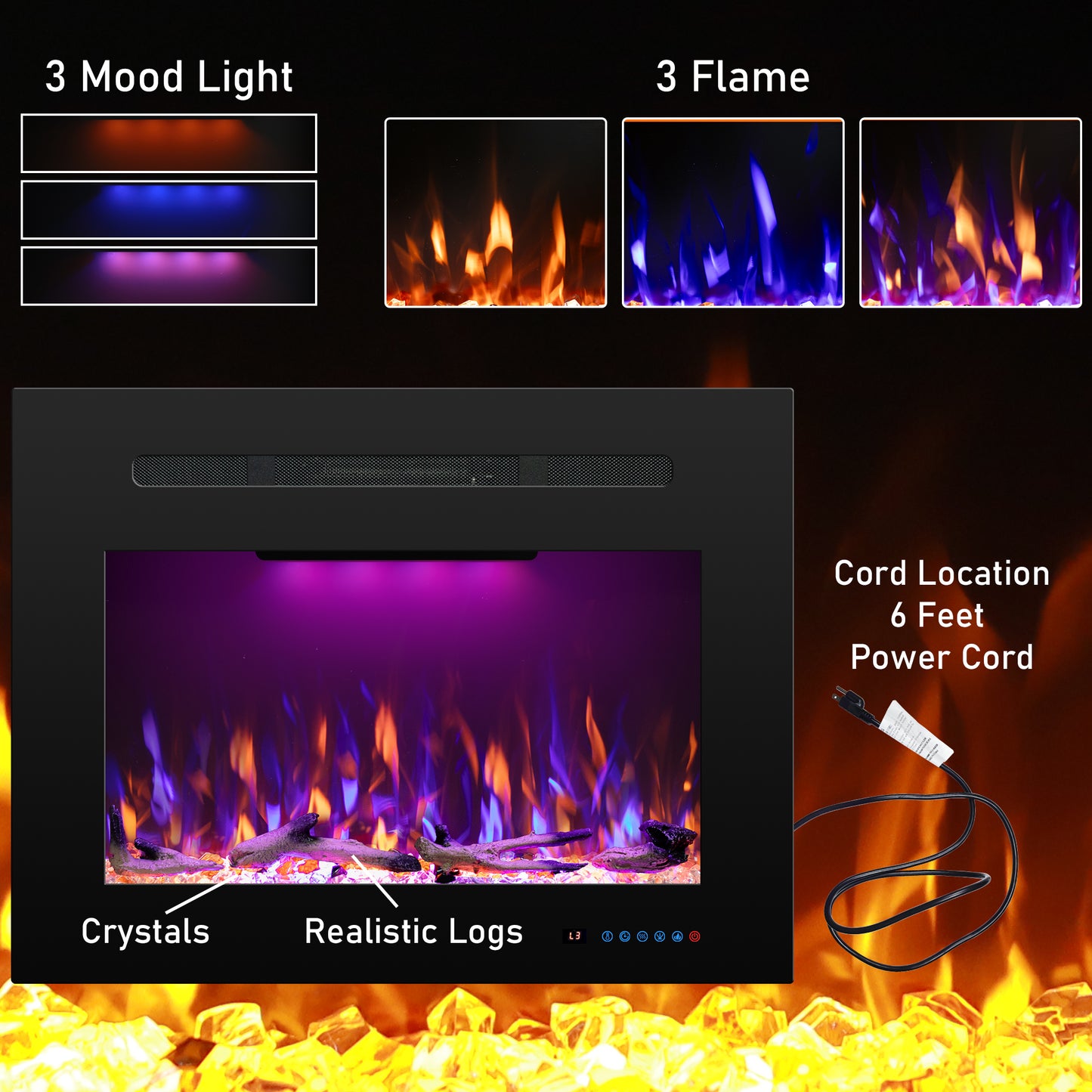 Electric Fireplace Inserts with 3 Flame & Top Light, Thermostat, 750/1500W, Crackling Sound, Logs & Crystals, Timer