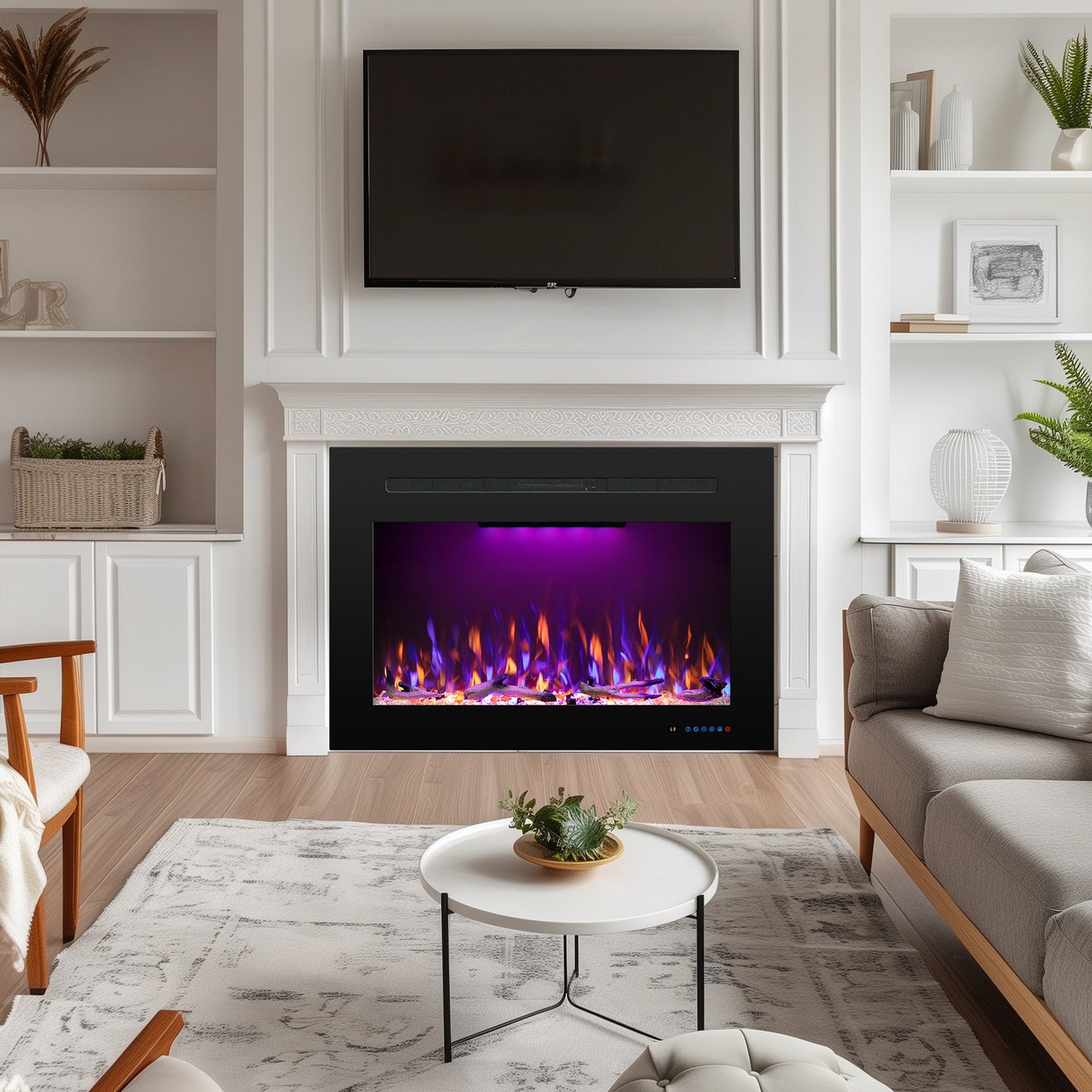 Electric Fireplace Inserts with 3 Flame & Top Light, Thermostat, 750/1500W, Crackling Sound, Logs & Crystals, Timer