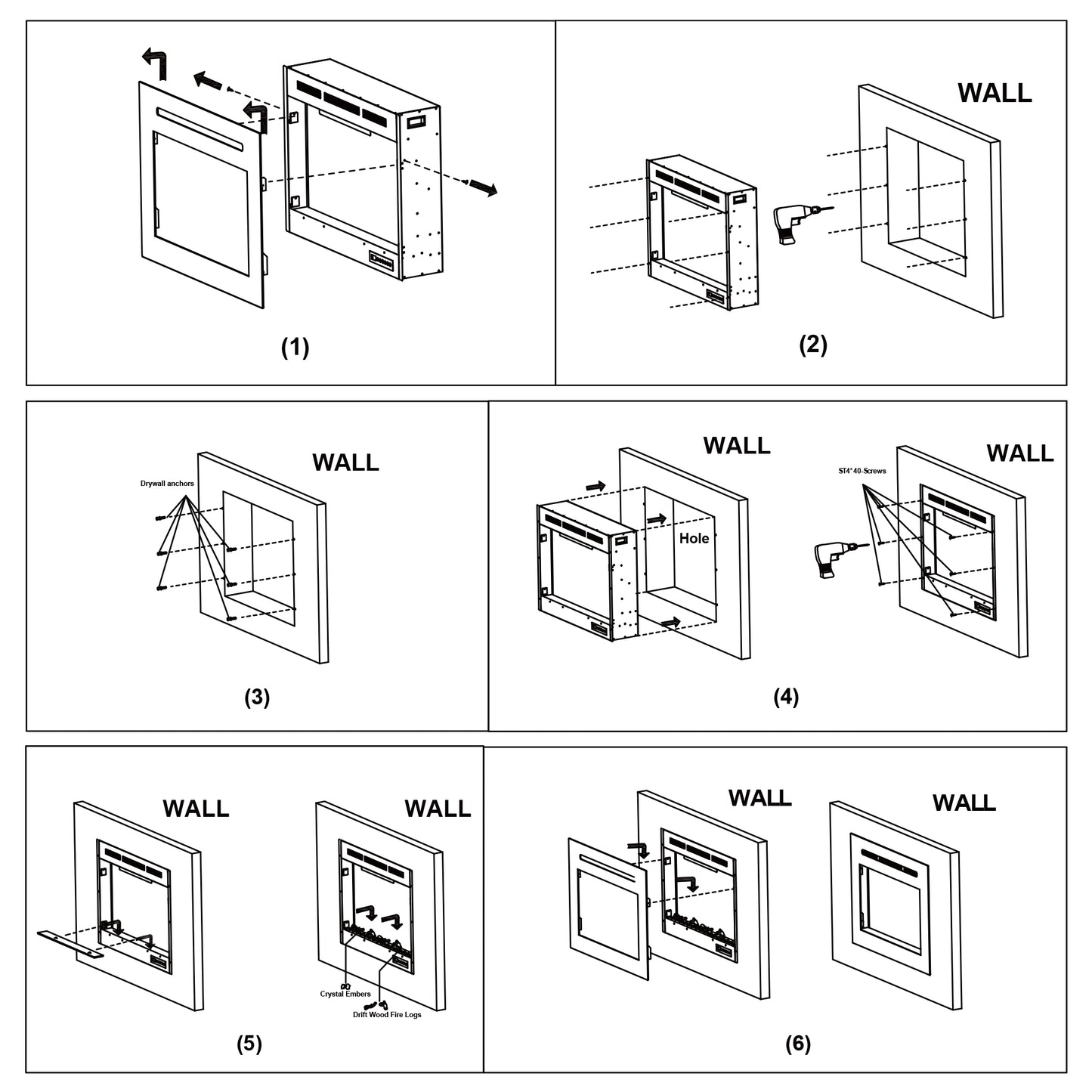Electric Fireplace Inserts with 3 Flame & Top Light, Thermostat, 750/1500W, Crackling Sound, Logs & Crystals, Timer
