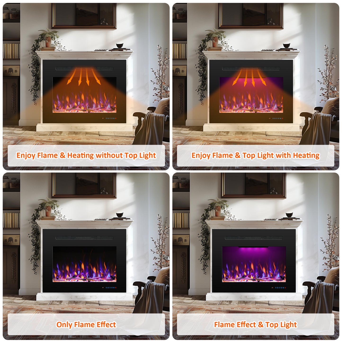 Electric Fireplace Inserts with 3 Flame & Top Light, Thermostat, 750/1500W, Crackling Sound, Logs & Crystals, Timer